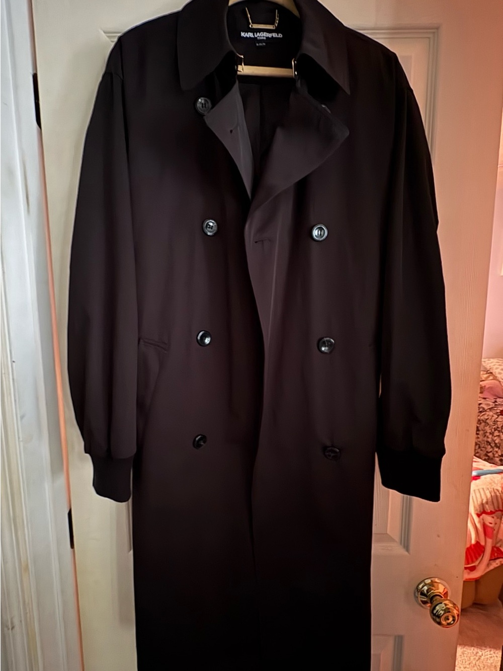 Karl Lagerfeld Long Black Double-Breasted Trench Coat